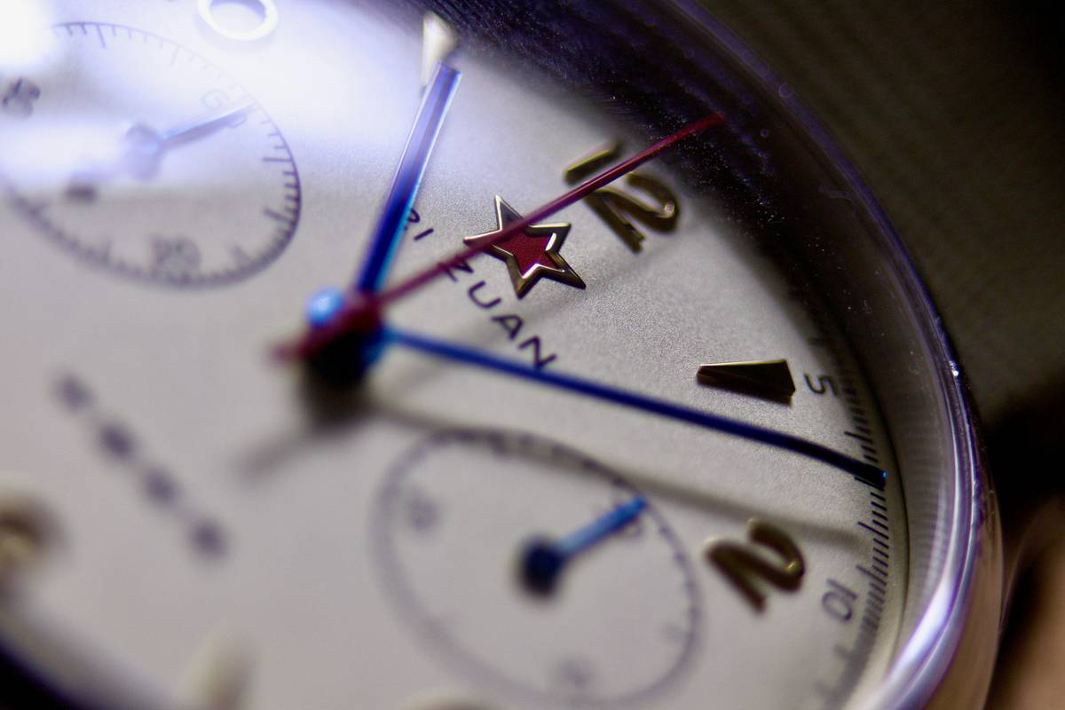 Close-up of custom dial colors showing gradient finish and texture detail